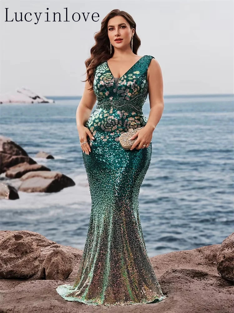 FZ Women's Plus Size V-Neck Mermaid Cocktail Sequins Evening Dress
