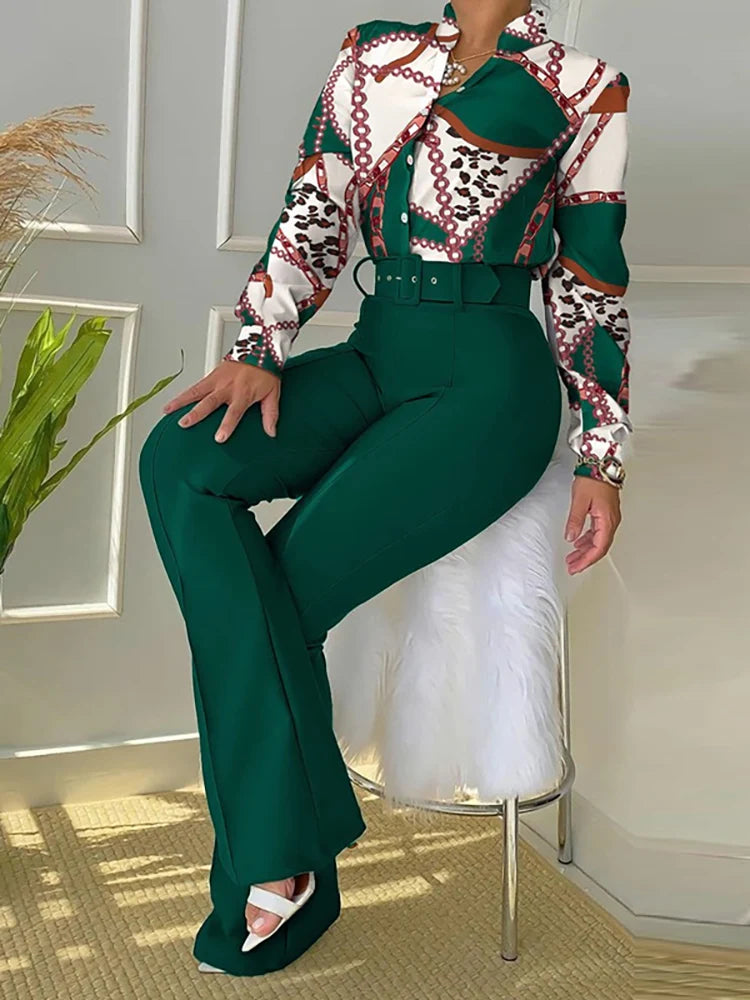 FZ Women's Elegant Wide Leg Retro Printed Slim Fit Office Pants Suit - FZwear