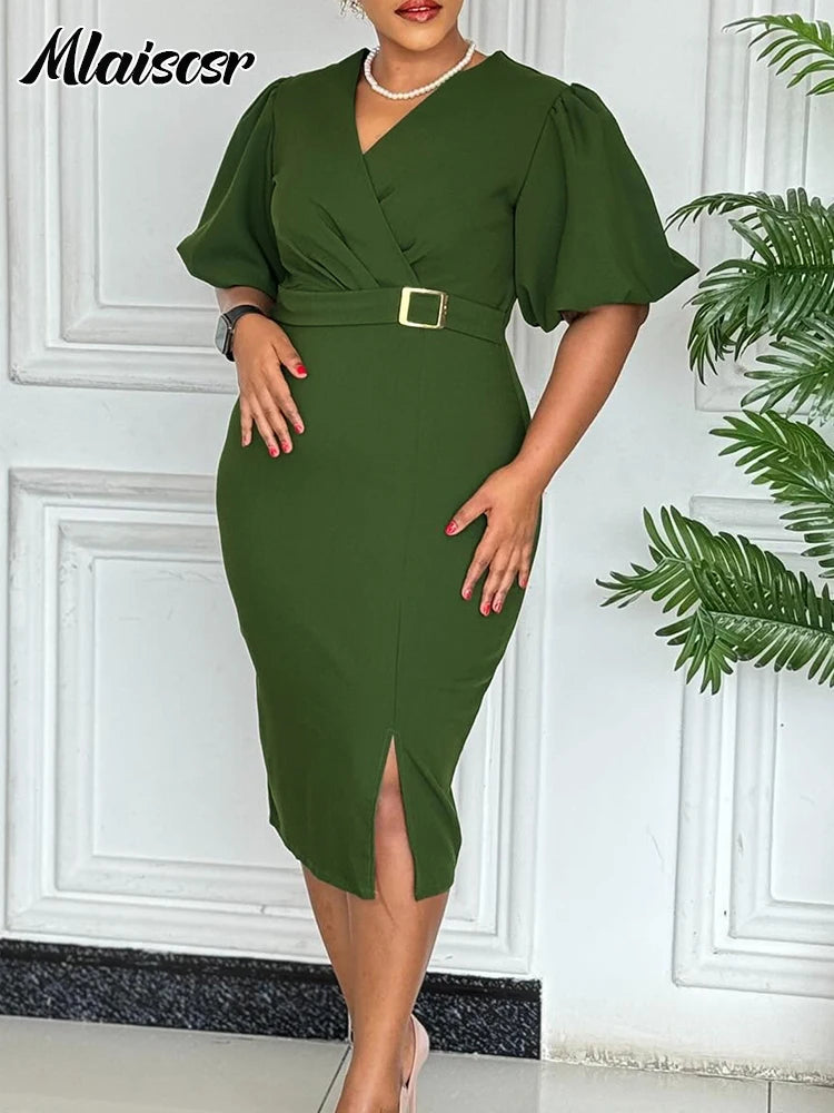 FZ Women's V Neck Short Sleeve Belt Waisted Mid Church Dress