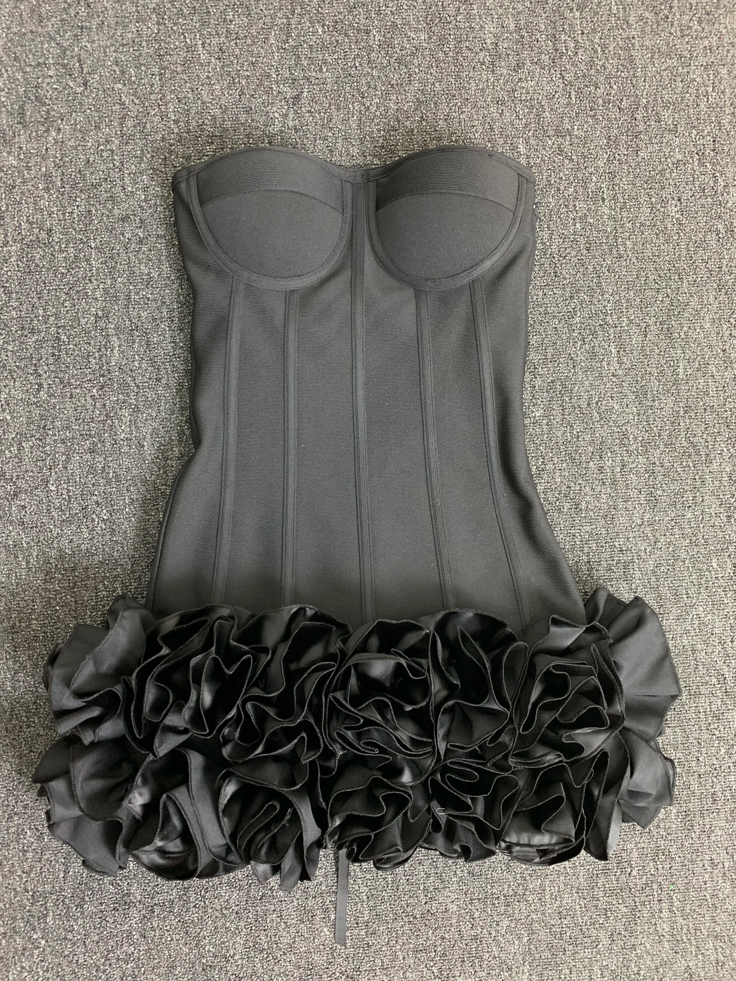 FZ Women Strapless Flowers Hem Laced Up Mini Bandage Evening Dress