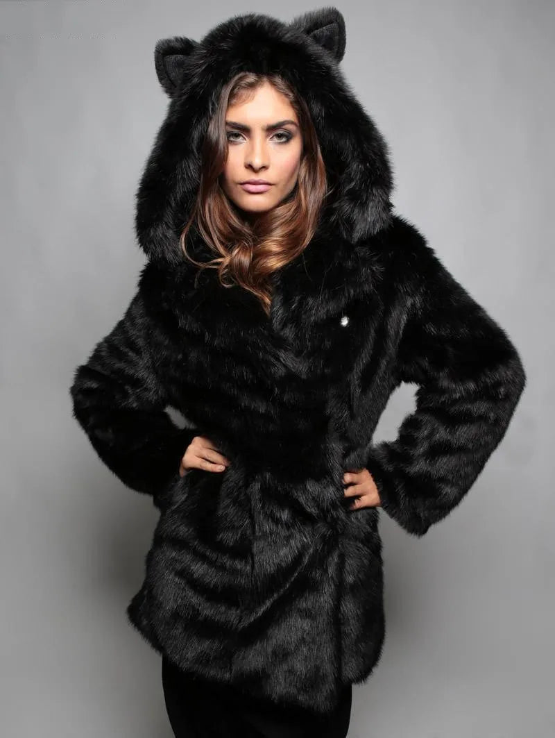 FZ Women's Hooded Ears Mid Length Faux Fur Coat Jacket