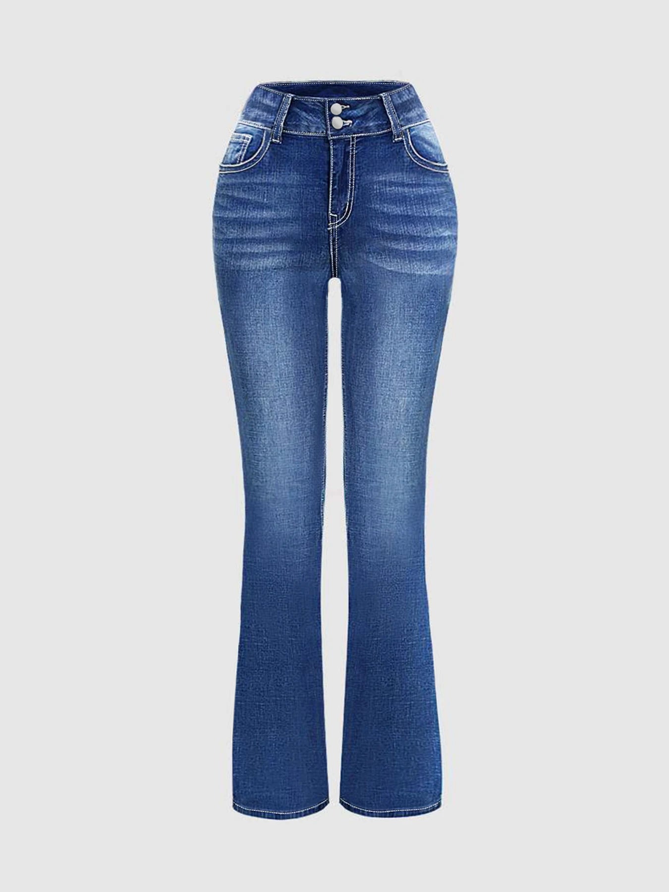 FZ Women's Plus Size Embroidered Double Buckle High Waist Denim Pants