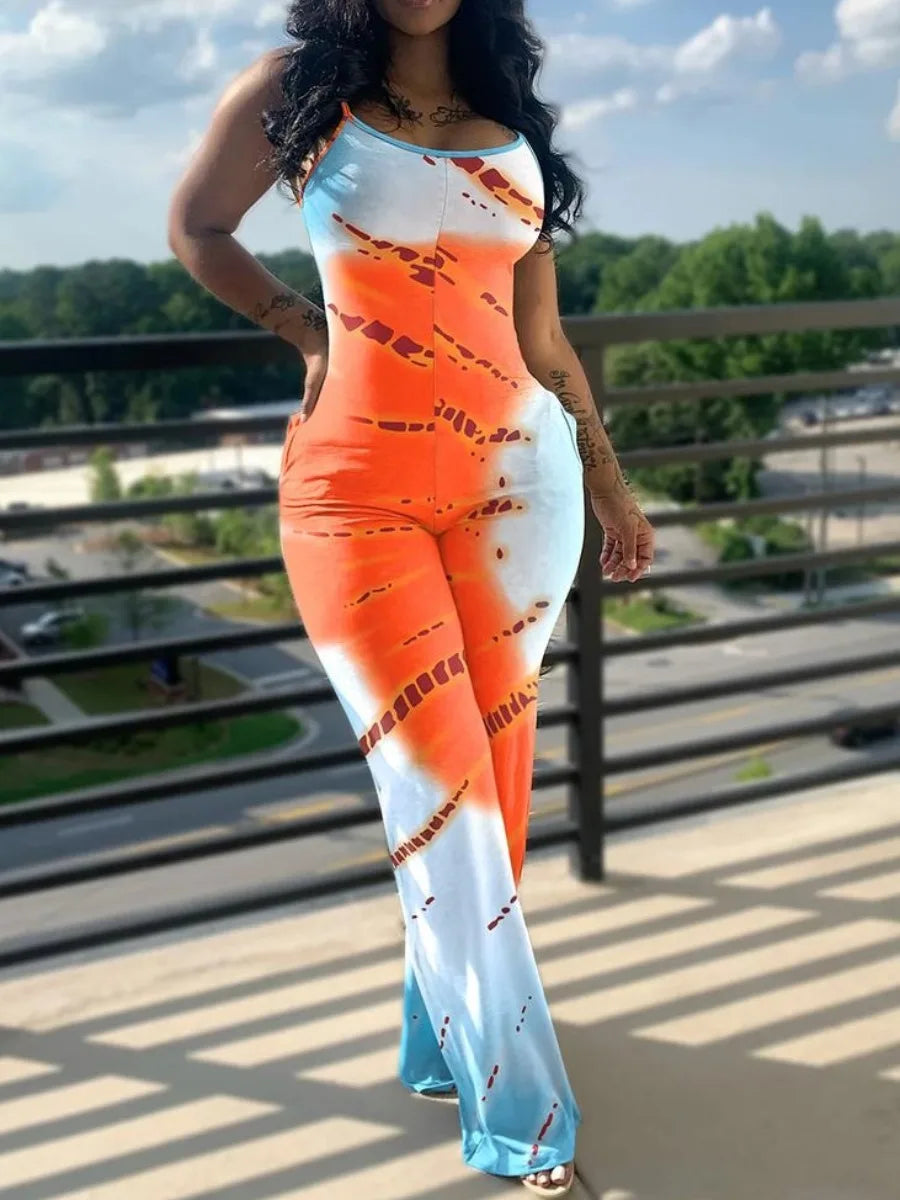 FZ Women's Tie Dye Pocket Design Cami Stretchy Long Jumpsuit - FZwear