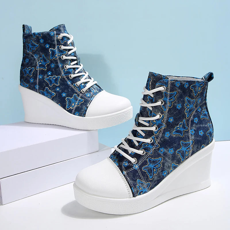 FZ Women's High Top Platform Lightweight Non Slip Lace Up Print Wedge Sneakers