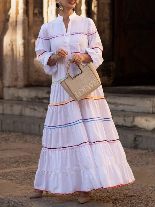 FZ Women's Evening Button Mock Neck Puff Sleeves A-line Maxi Dress