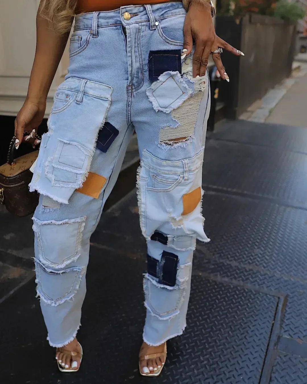 FZ Women's Streetwear Cargo Straight Pocket Patchwork Wide Leg Denim Pants