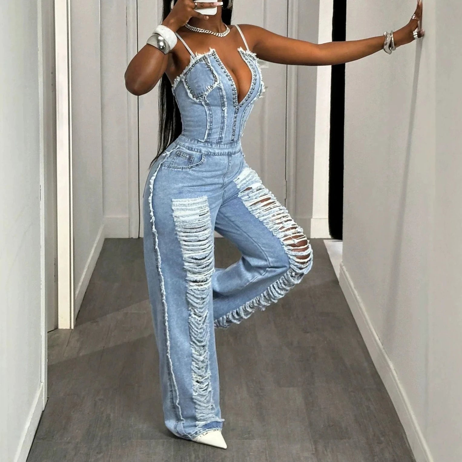FZ Women's One Piece Strapless Sleeveless Tight Waist Streetwear Denim Jumpsuit