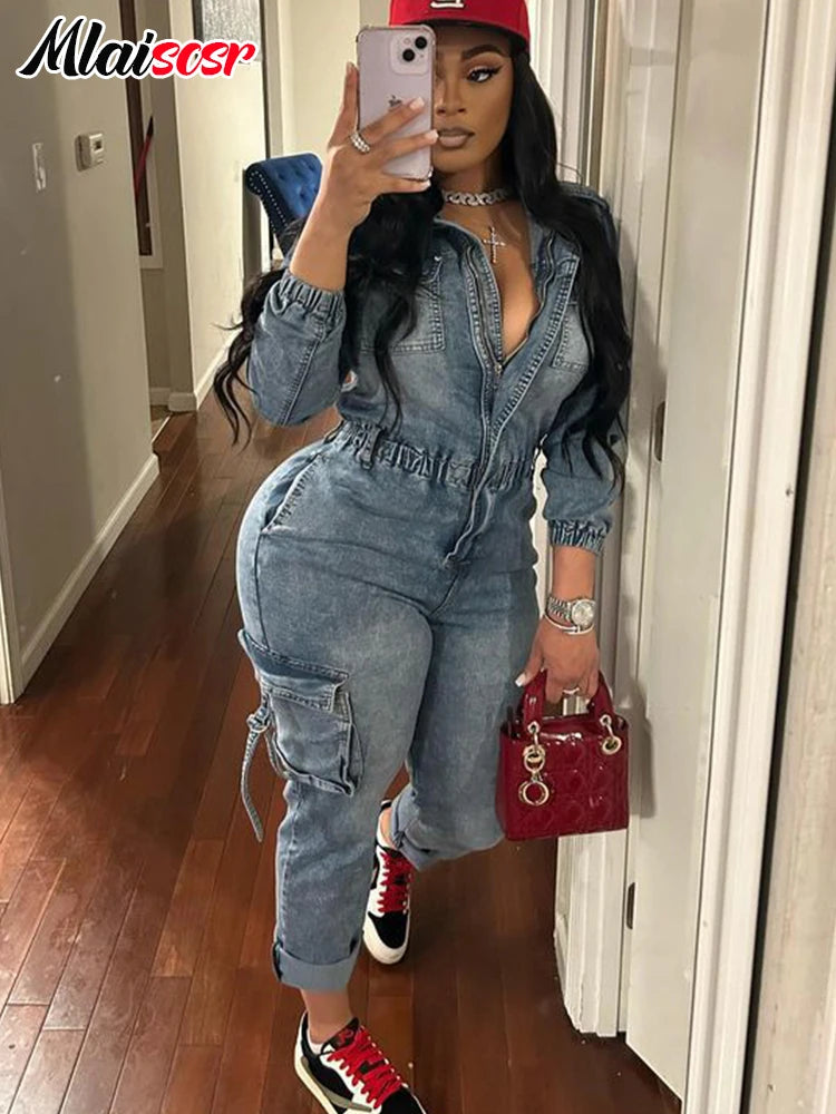 FZ Women's Winter Zipper Elastic Waist One Piece Stretch Denim Jumpsuit