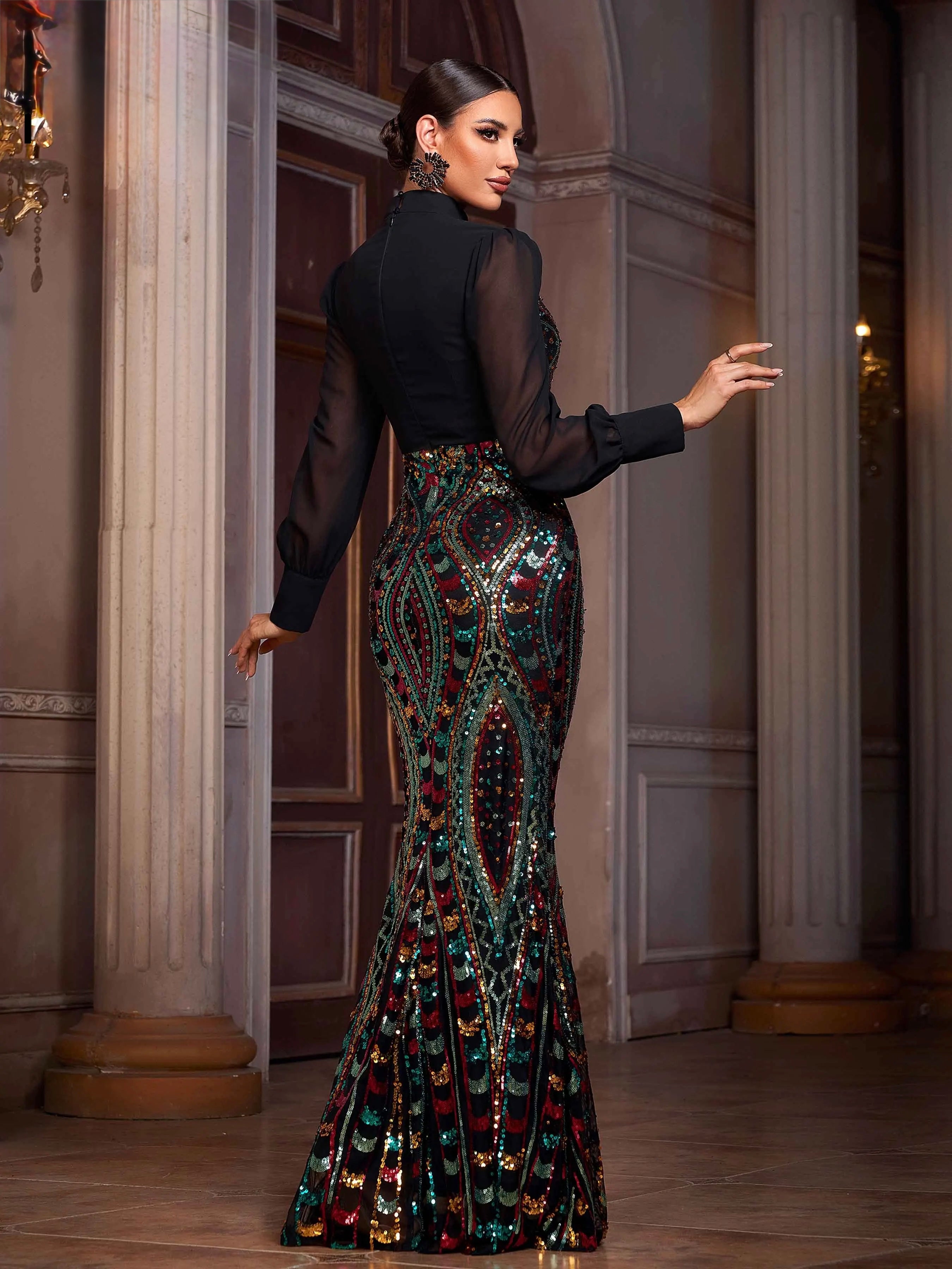 FZ Women's Round Neck Panel Geometric Sequin Mermaid Evening Dress