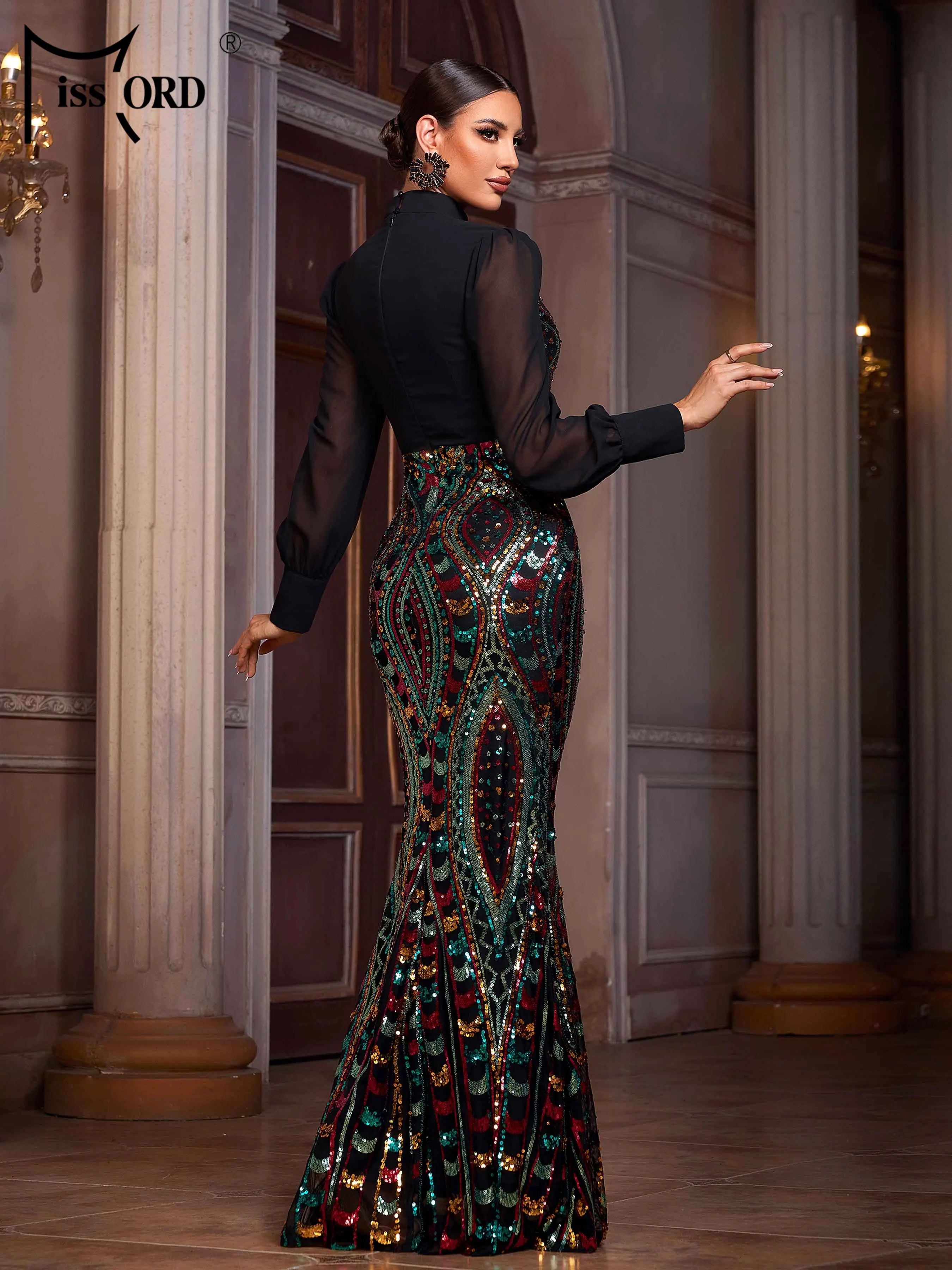 FZ Women's Round Neck Panel Geometric Sequin Mermaid Evening Dress
