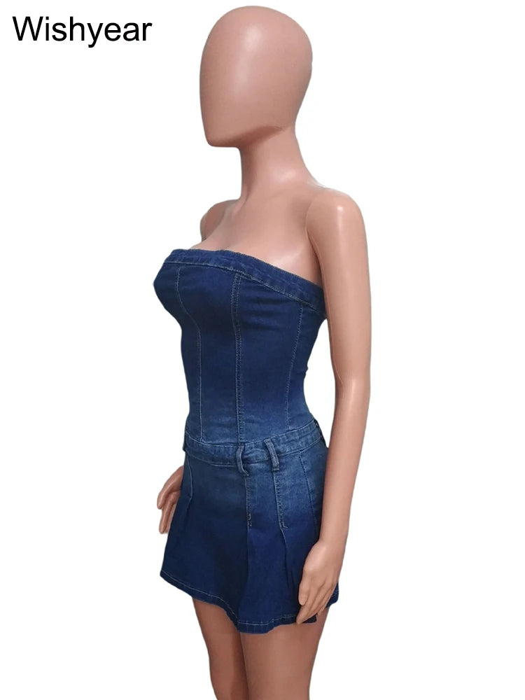 FZ Women's Off Shoulder Streetwear Short Strapless Denim Jumpsuit