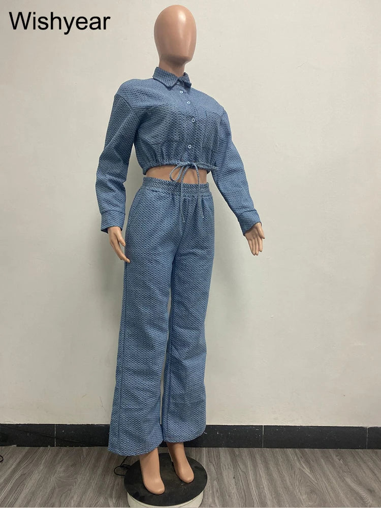 FZ Women's Elegant Denim Two Piece Drawstring Wide Leg Pants Suit - FZwear