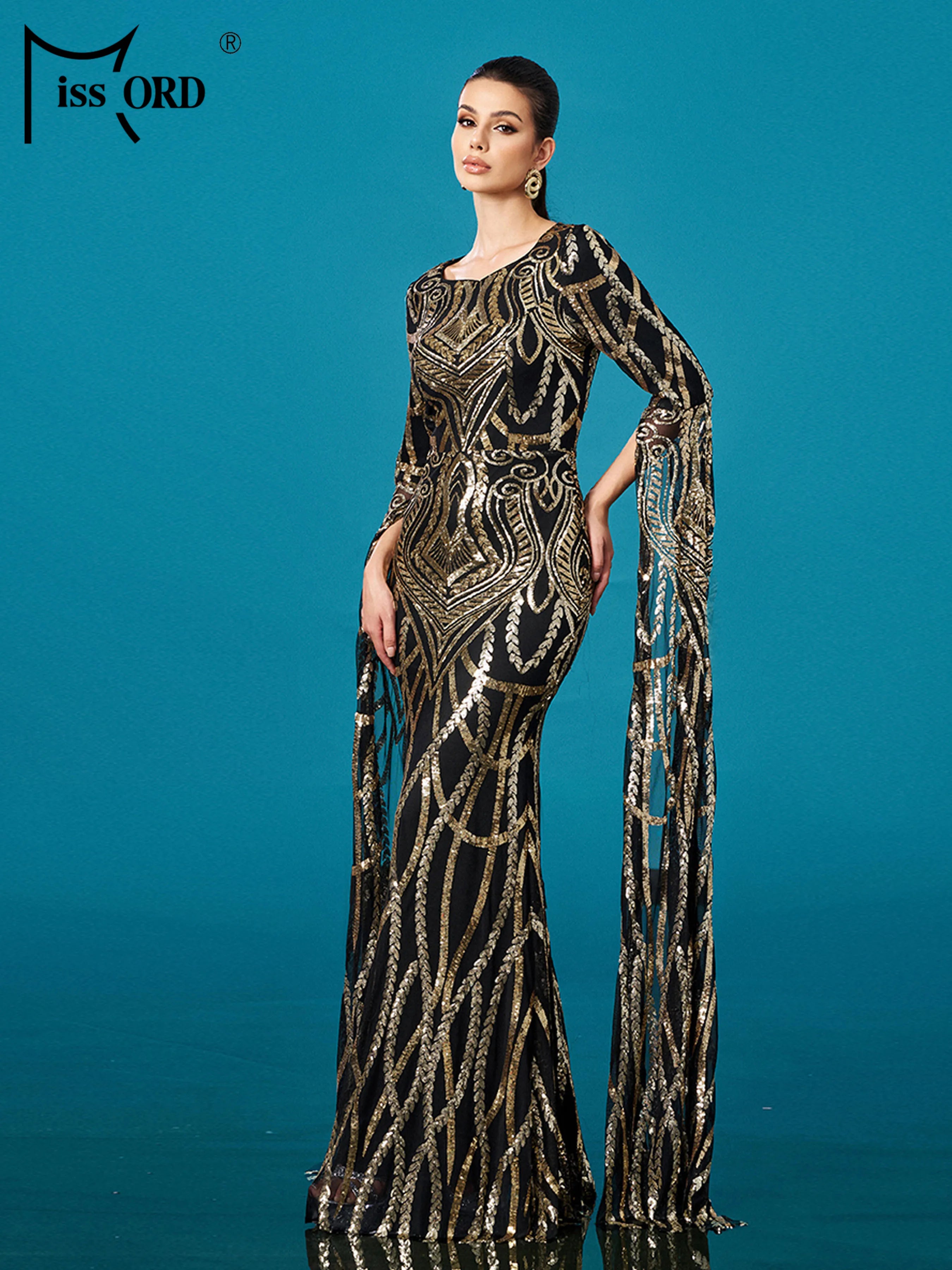 FZ Women's Round Neck Long Sleeved Sequin Mermaid Maxi Evening Dress