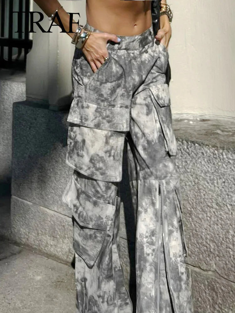 FZ Women's Vintage Fashion Grey Print High Waist Casual Cargo Pants - FZwear