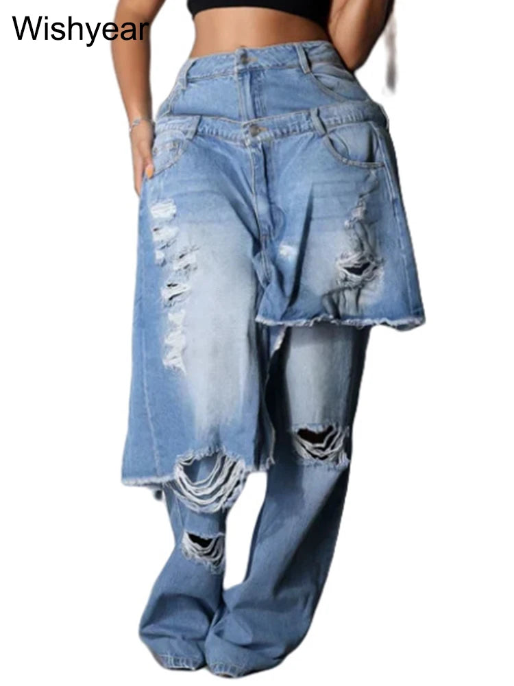 FZ Women's Apron Perforated Straight Wide Leg Streetwear Stretch Denim Pants