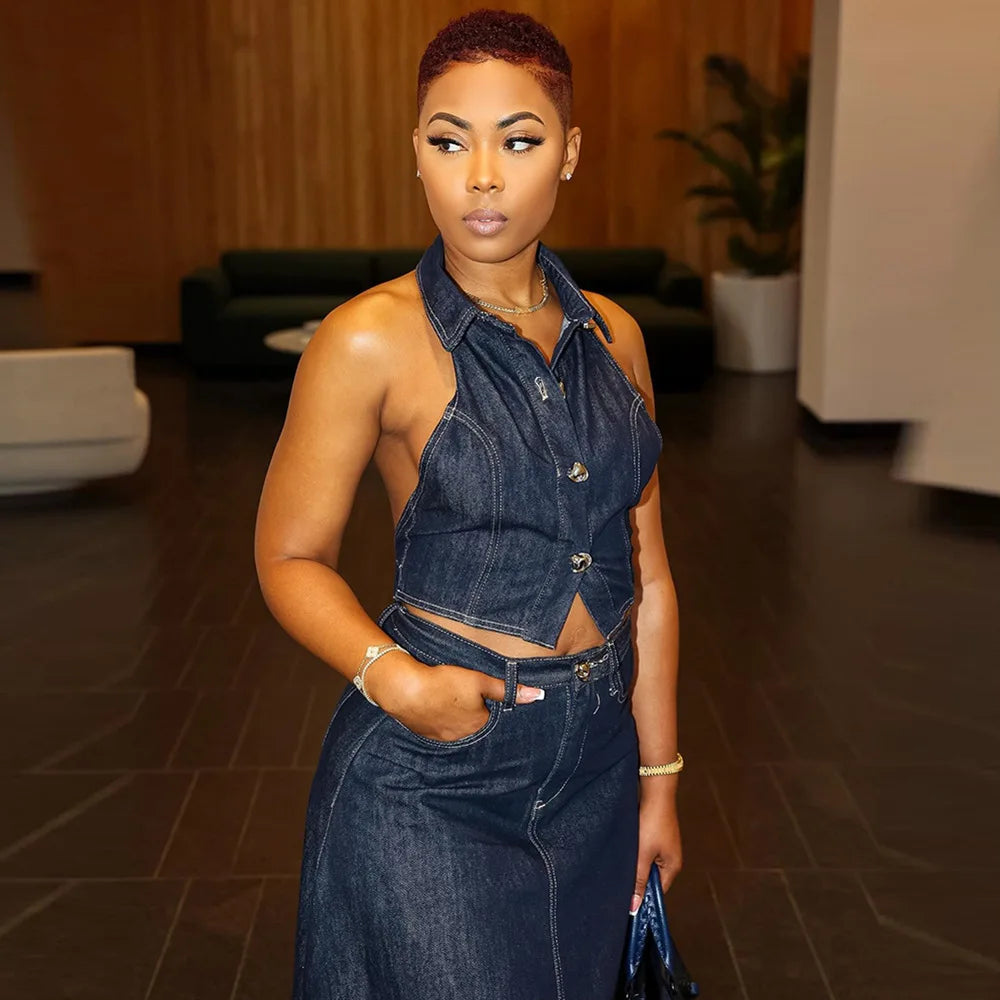 FZ Women's Denim Pocket Sleeveless Maxi Skirt Suit - FZwear