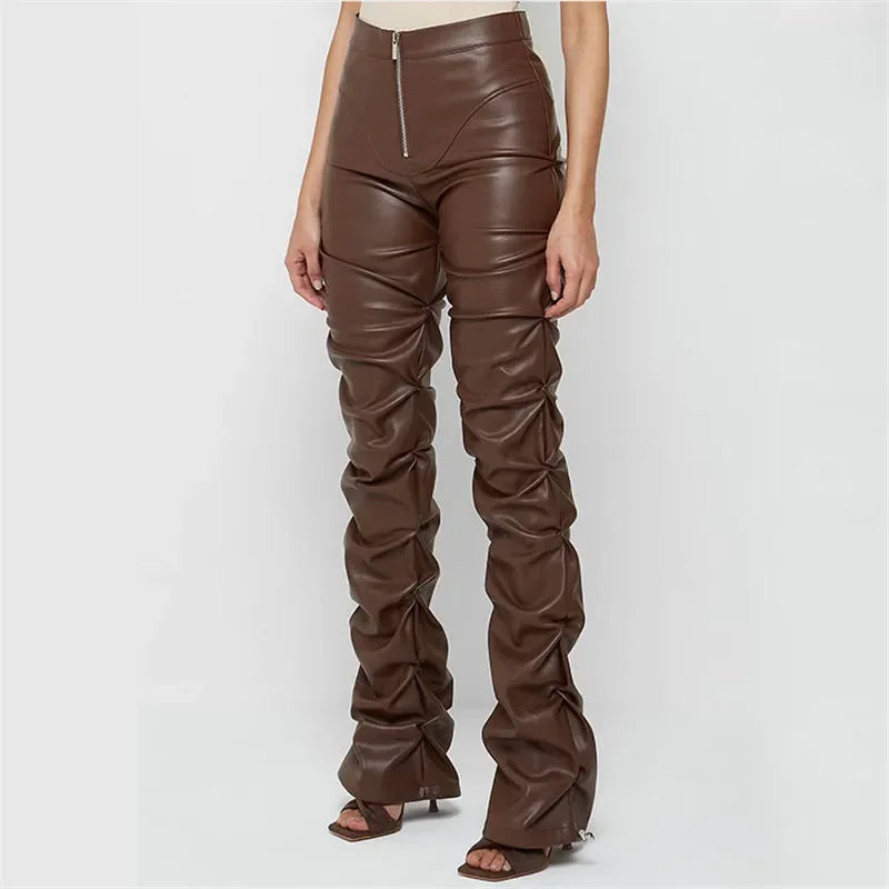 FZ Women's Pleated High Waist Skinny Vintage Soft PU Leather Pants