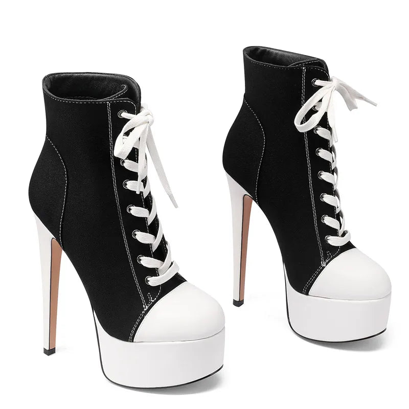 FZ Women's Denim Cloth Patchwork Lace- up Ankle Boots