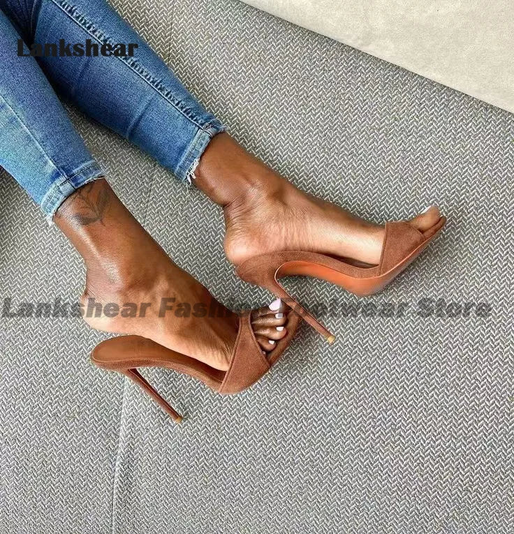 FZ Women's Open Toe Mules Thin Blue Denim High Heel Shoes