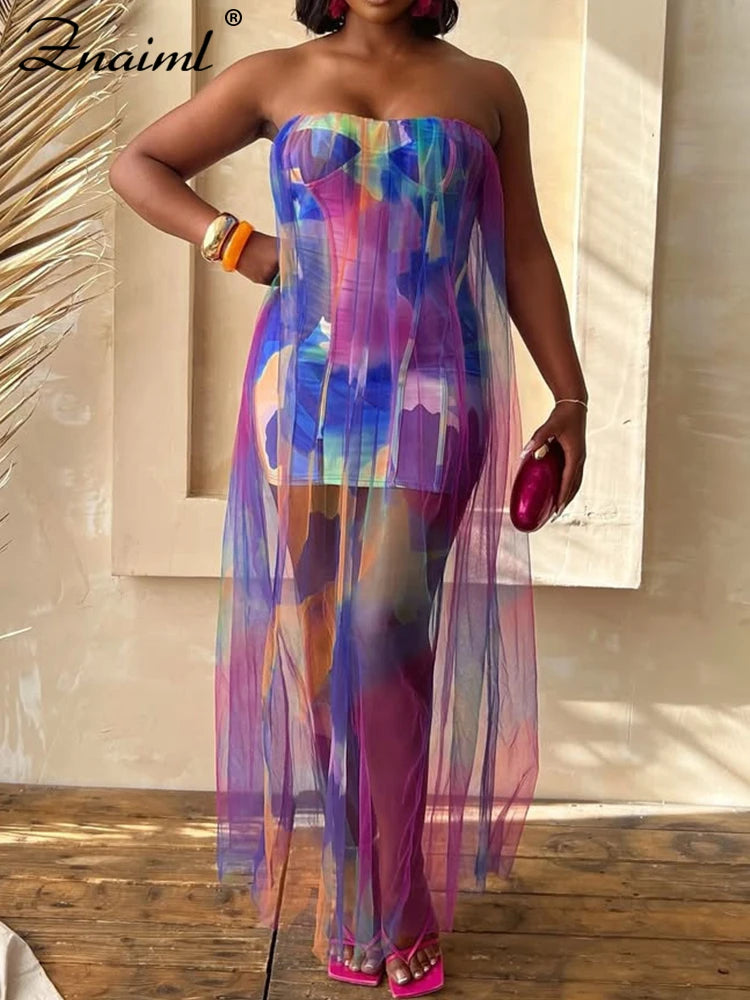 FZ Women's Tie Dye Print Off Shoulder Wrapped Chest Mesh See Through Dress