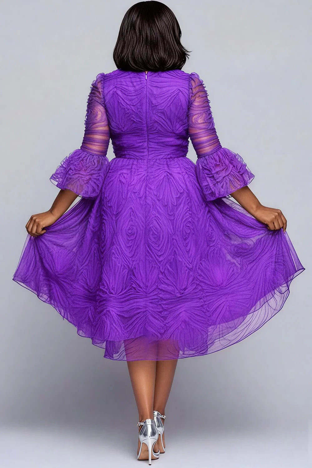 FZ Women's Plus Size Round Neck Flare 3/4 Sleeve Midi Dress