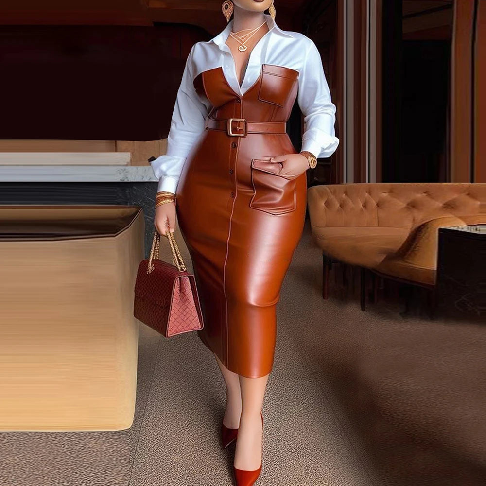 FZ Women’s PU Leather Patchwork Long Sleeves Lapel Slim Shirt Dress