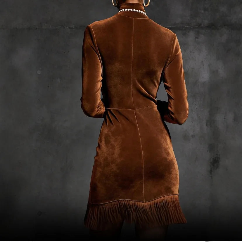 FZ Women's Suede Faux Leather Turtleneck Tassel Trim Slim Mini Dress