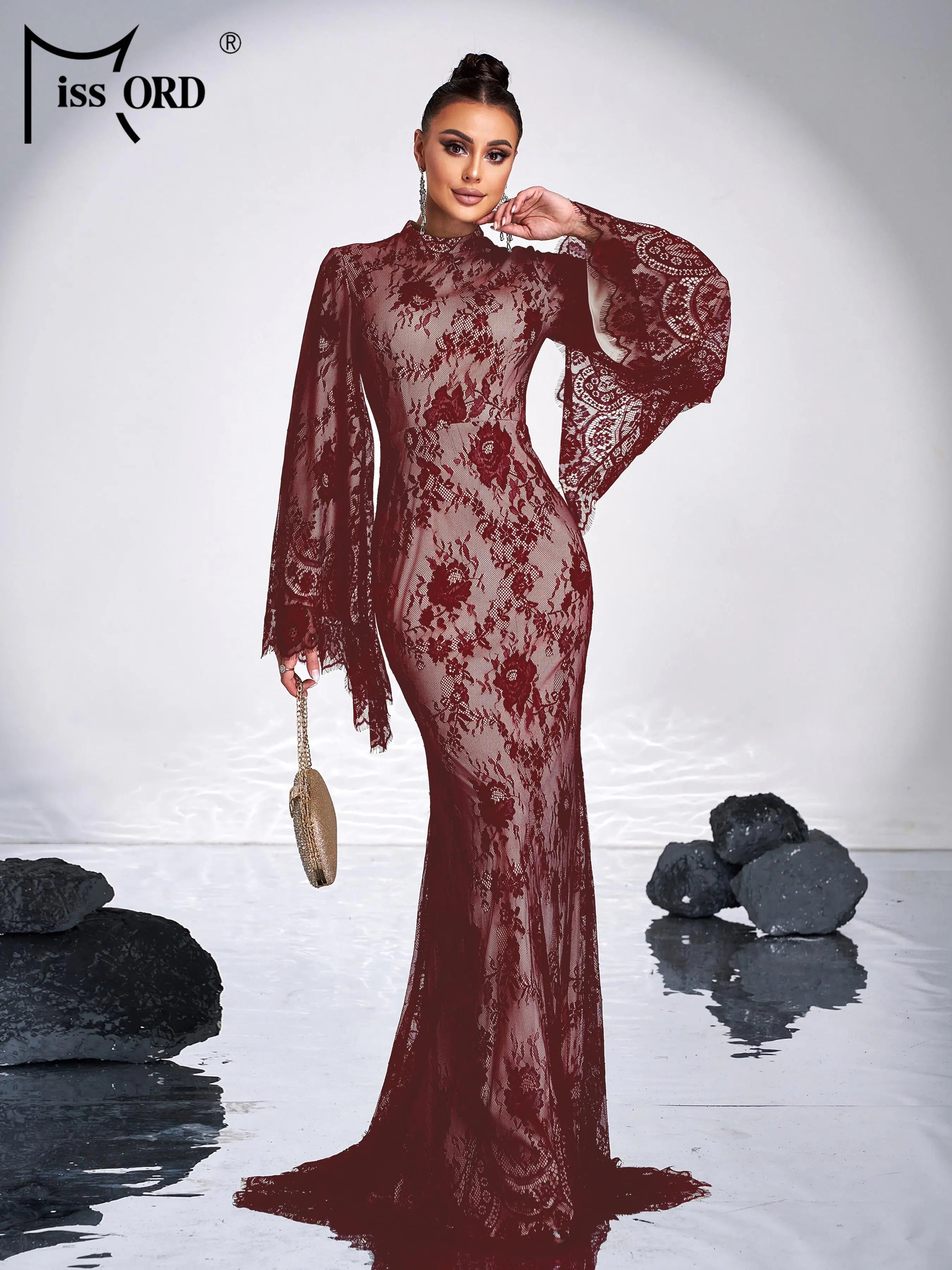 FZ Women's Round Neck Flare Sleeve Tulle Mermaid Cocktail Evening Dress