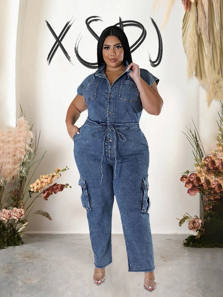 FZ Women's Elastic Waist One Piece Sleeveless Denim Jumpsuit