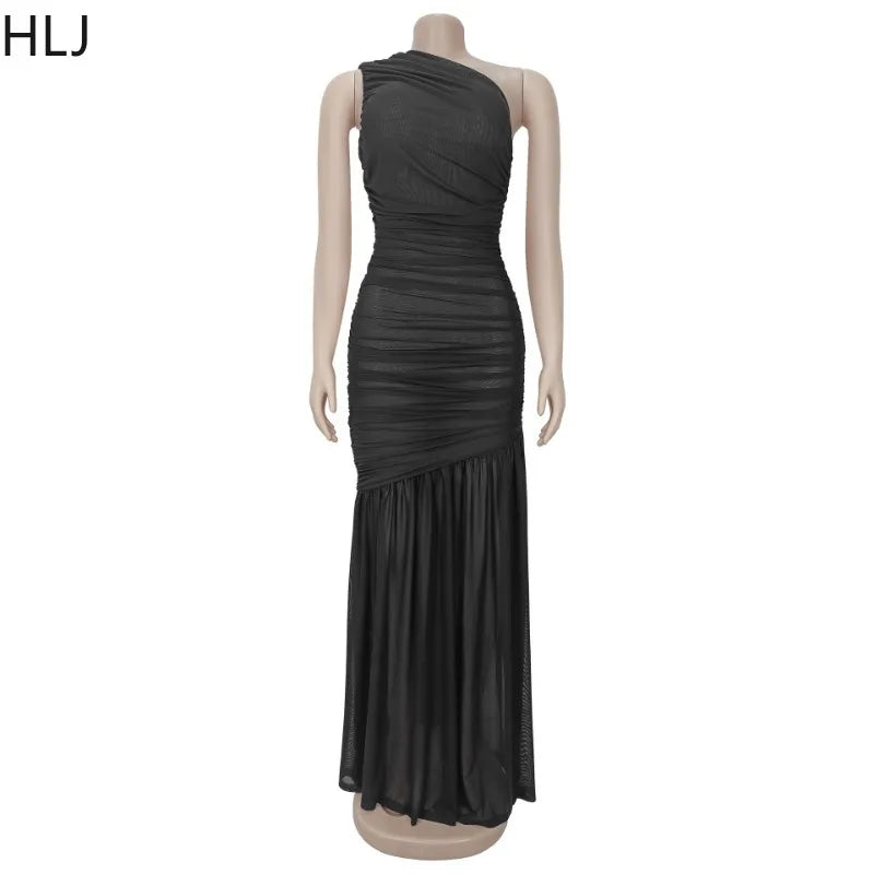 FZ Women's Ruched Patchwork Inclined Shoulder Backless See Through Evening Dress