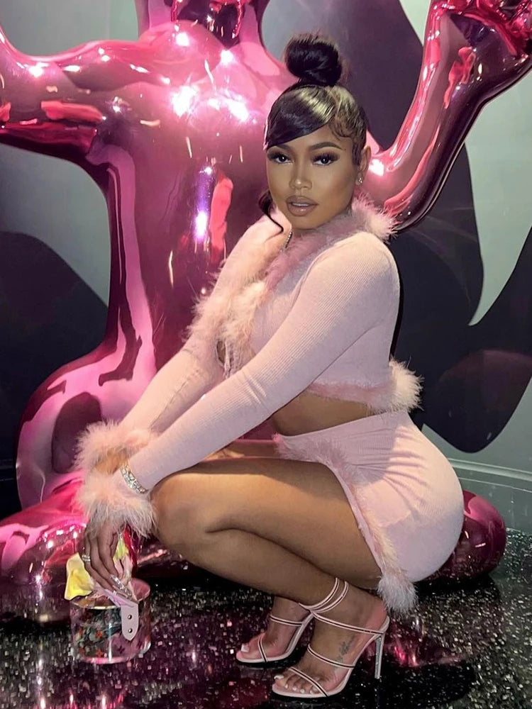 FZ Women's 2Piece Feathers Elastic Waist Tight Skirt Suits - FZwear