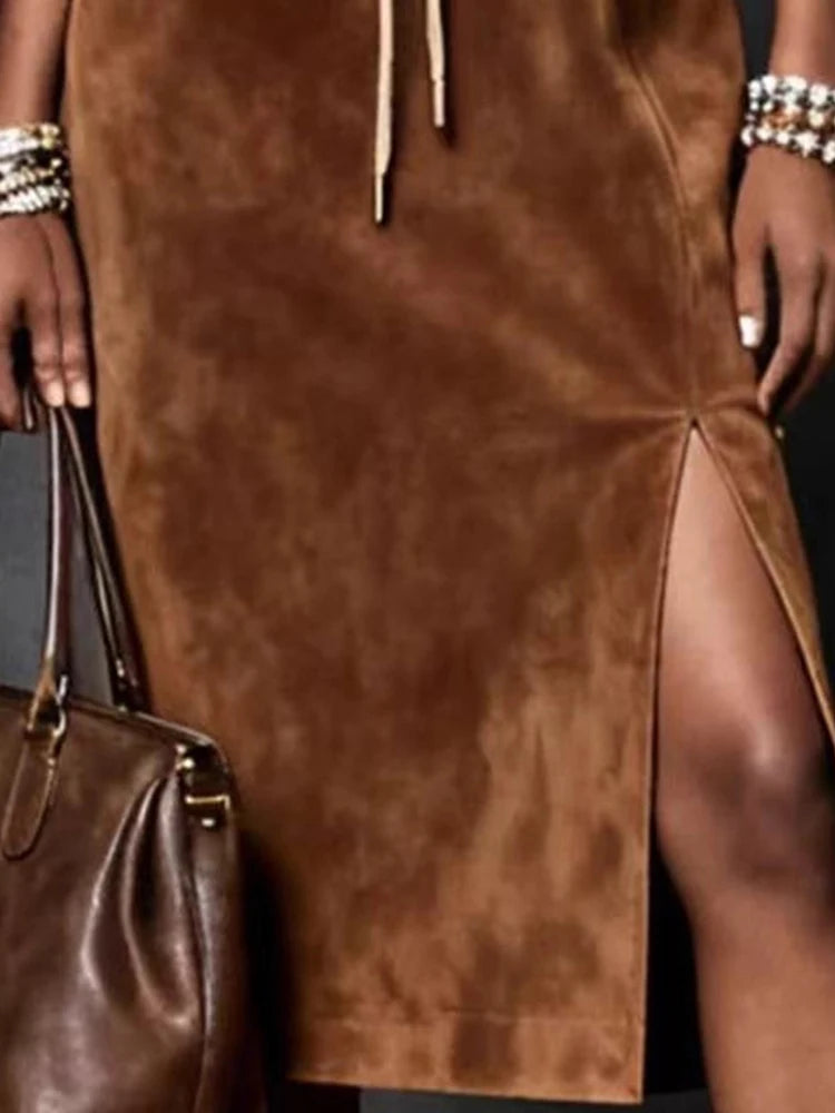 FZ Women's Suede Velvet Drawstring Solid Vintage Split Hem Midi Dress