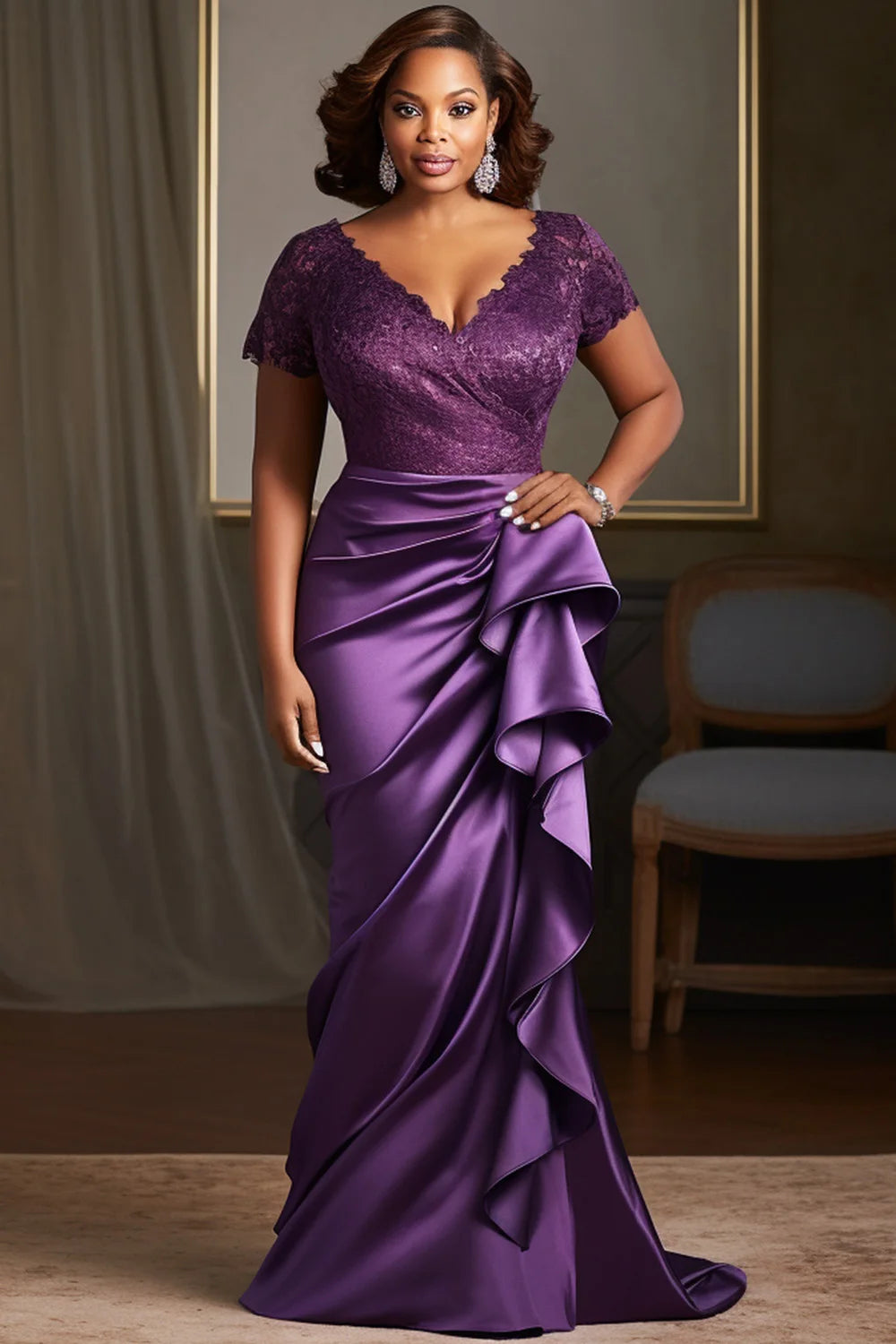 FZ Women's Plus Size V Neck Short Sleeve Ruffled Fold Lace Maxi Dress