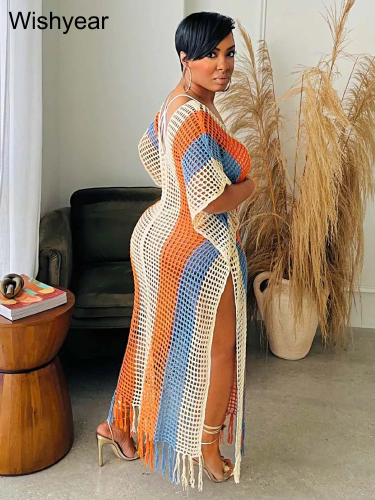 FZ Women's Rainbow Crochet Sexy Hollow Out Knit Swimsuit Cover Up - FZwear