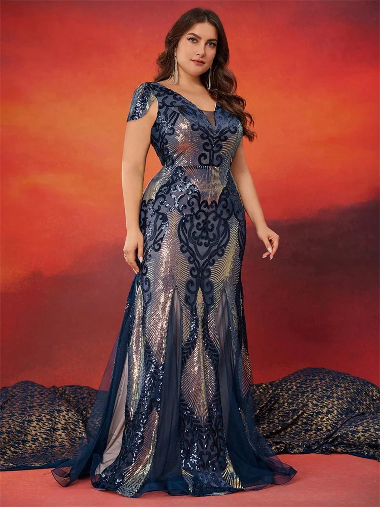 FZ Women's Plus Size Short Sleeve Mermaid Cocktail Sequin Evening Dress
