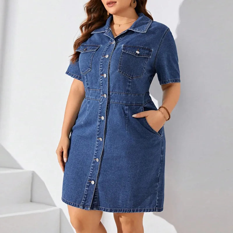 FZ Women's Plus Size Vintage Single-breasted Denim Shirt Dress