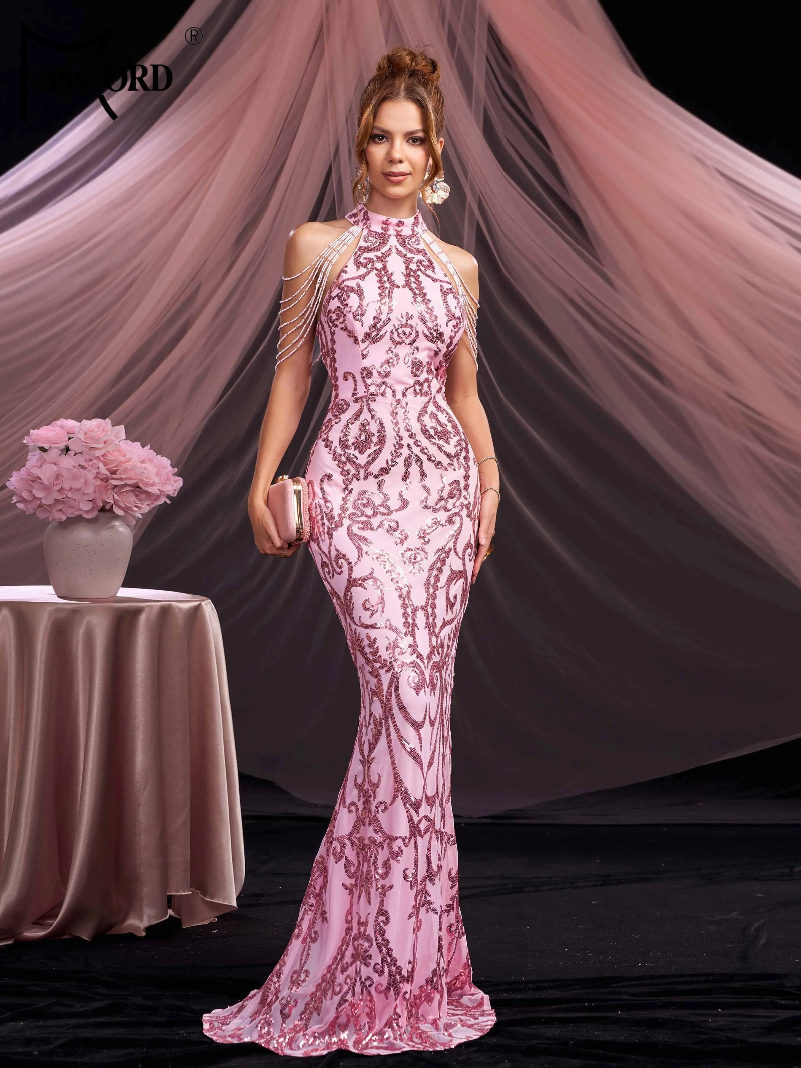 FZ Women's Round Neck Sequin Mermaid Evening Dress