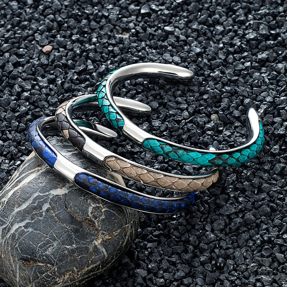 FZ Stainless Steel Blue Python Skin Cuff Bracelet
