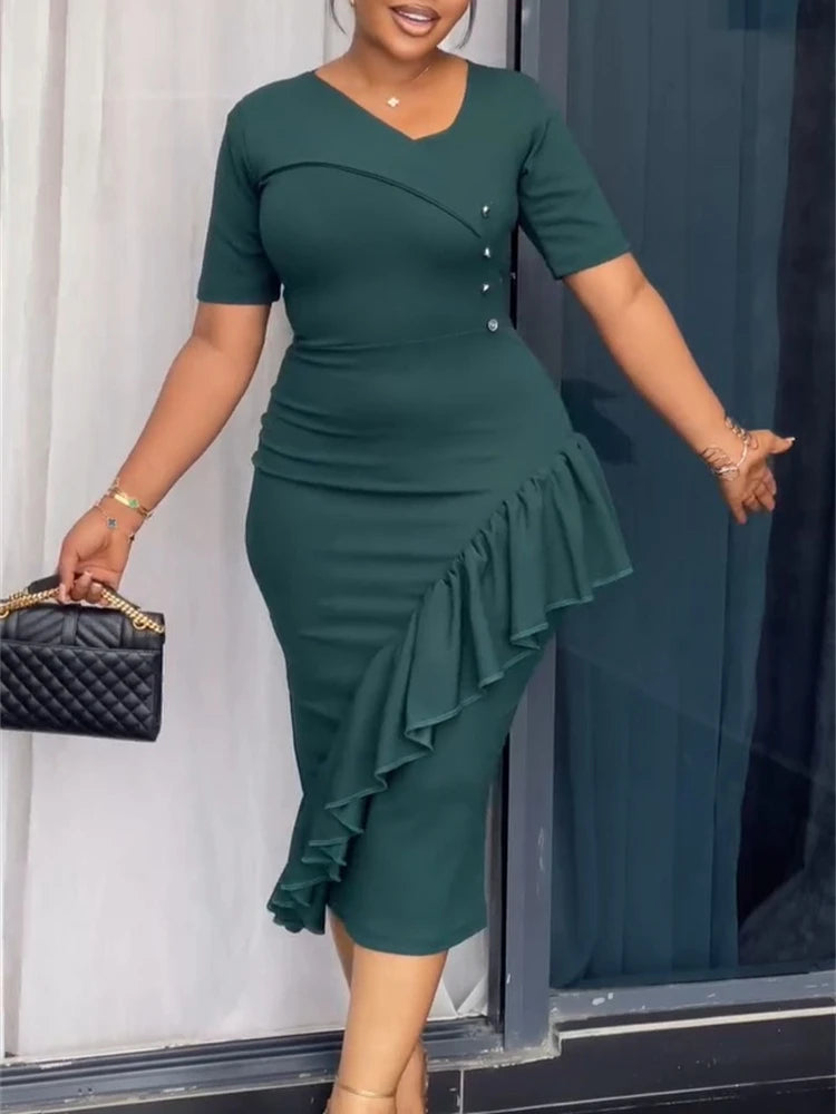 FZ Women's Asymmetrical Neck Short Sleeves Ruffles Cocktail Midi Dress