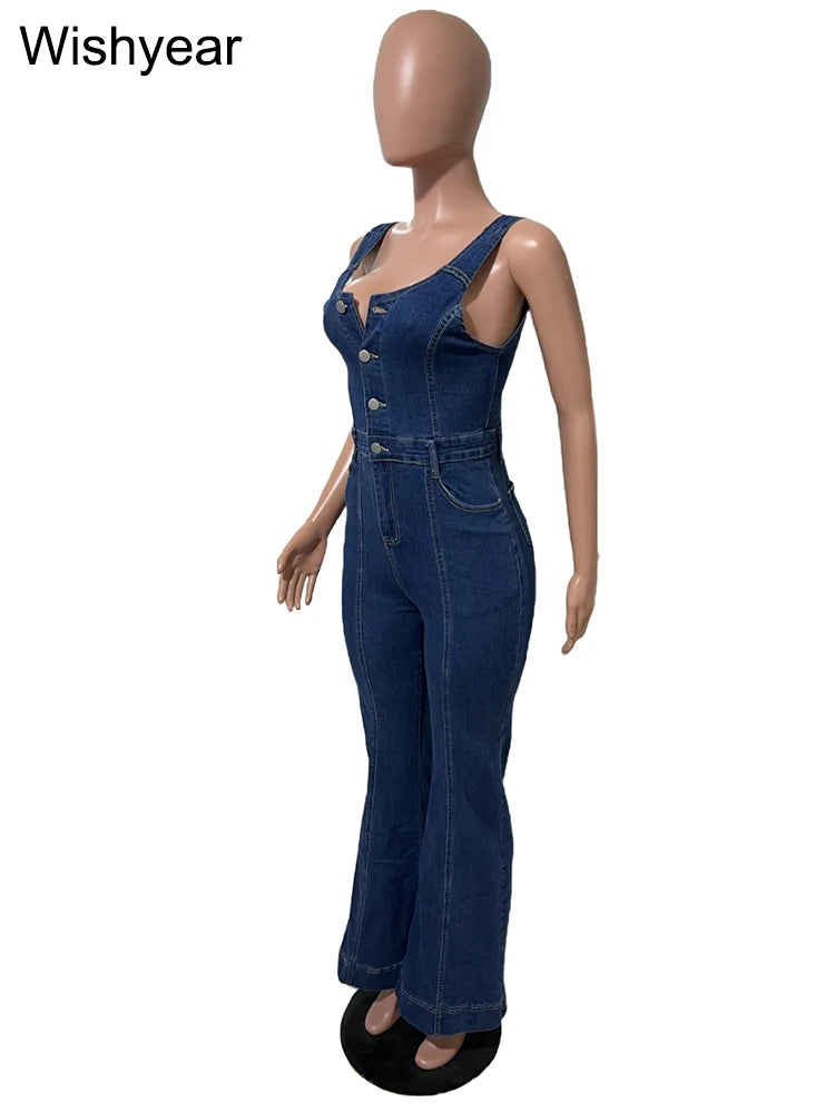 FZ Women's Sleeveless Single Breasted Slim One Piece Vintage Backless Denim Jumpsuit