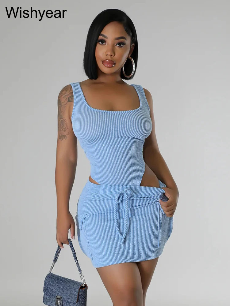 FZ Women Knitted Ribbed Drawstring Two 2 Pieces Mini Skirt Suit DSers