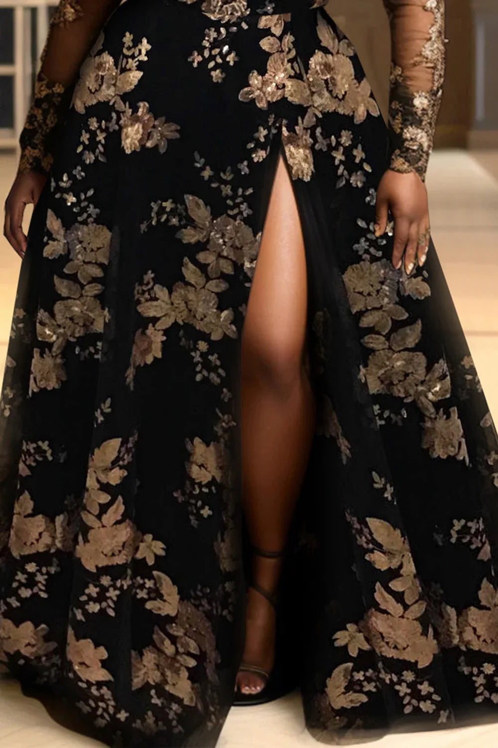 FZ Women's Plus Size V Neck Split See Through Long Sleeve Tulle Maxi Dress