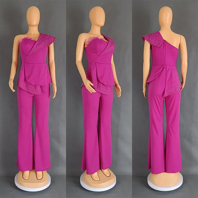 FZ Women's One Shoulder Feather Diamond Peplum One Piece Jumpsuit