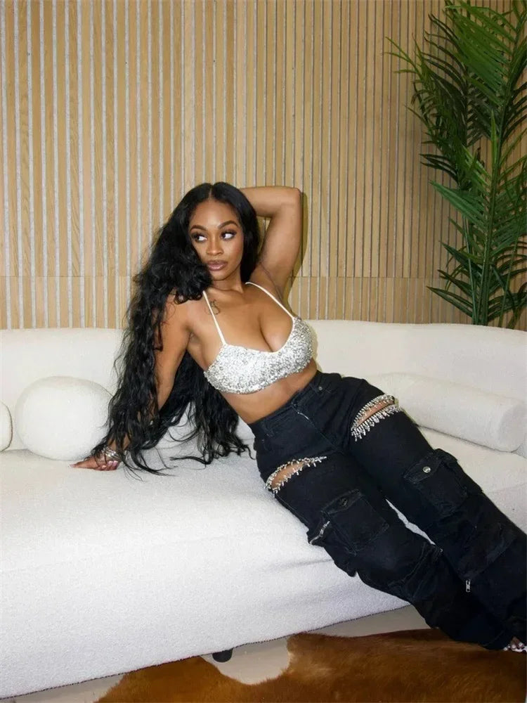 FZ Women's Tassel Diamond Pieces Mid Waist Straight Leg Denim Pants