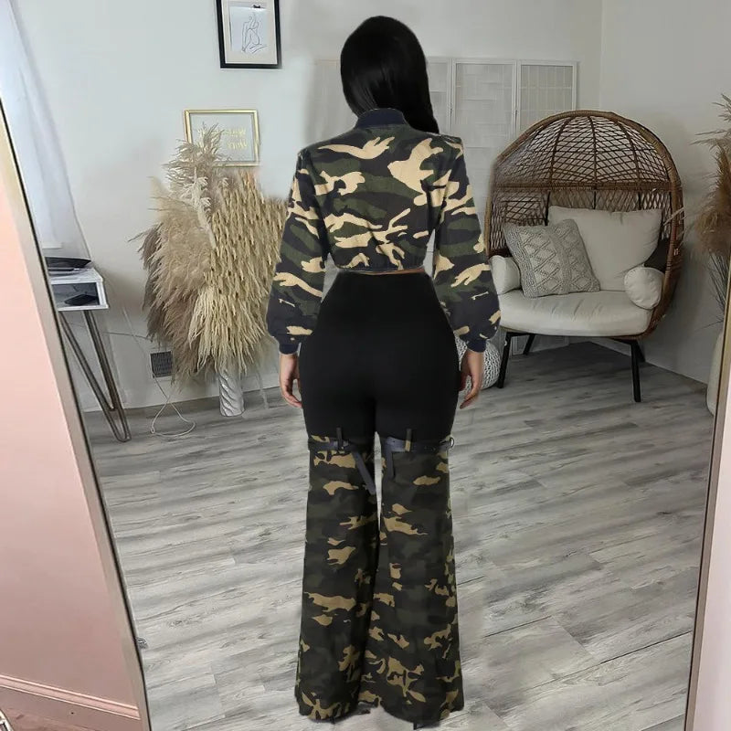 FZ Women's Modified Camouflage Stretch Denim Belt Pants Suit