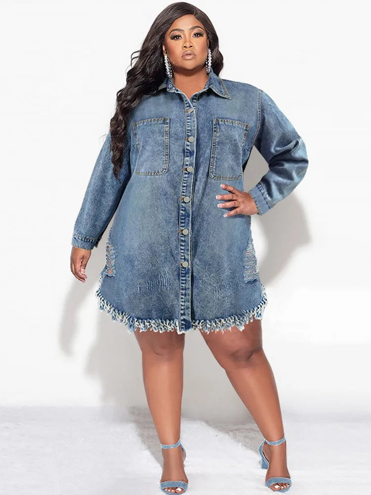 FZ Women's Plus Size Loose Street Style Midi Denim Dress
