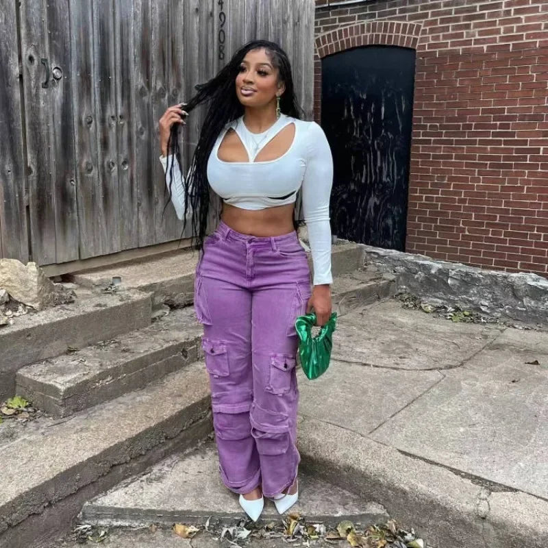 FZ Women's High Waist Loose Straight Denim Cargo Pants - FZwear