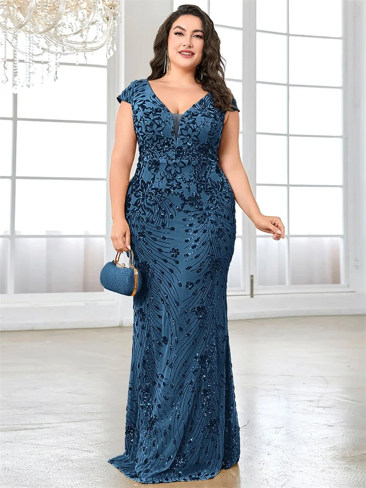 FZ Women's Plus Size Mermaid Deep V-neck Sequin Evening Dress