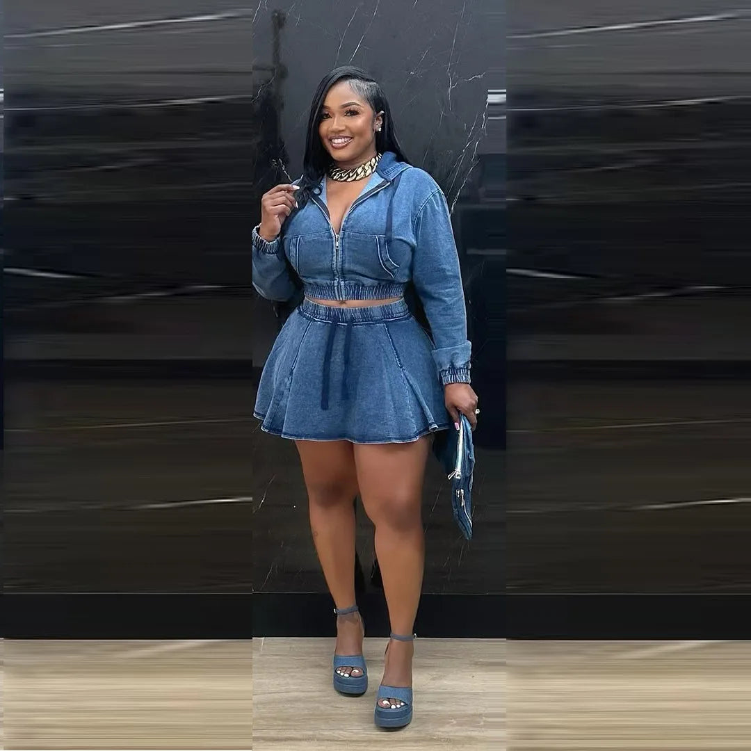FZ Women's Long Sleeve Hooded Pleated Two Piece Denim Skirt Suit