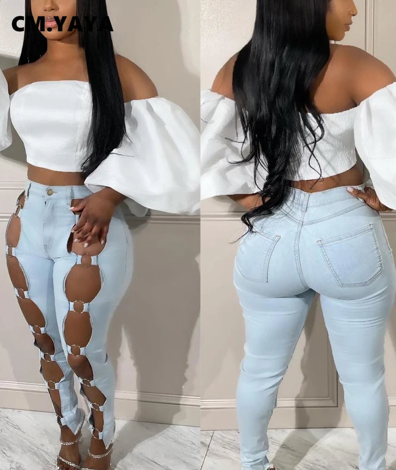 FZ Women's Streetwear Pencil Hollow Out Stretch Ripped Denim Pants